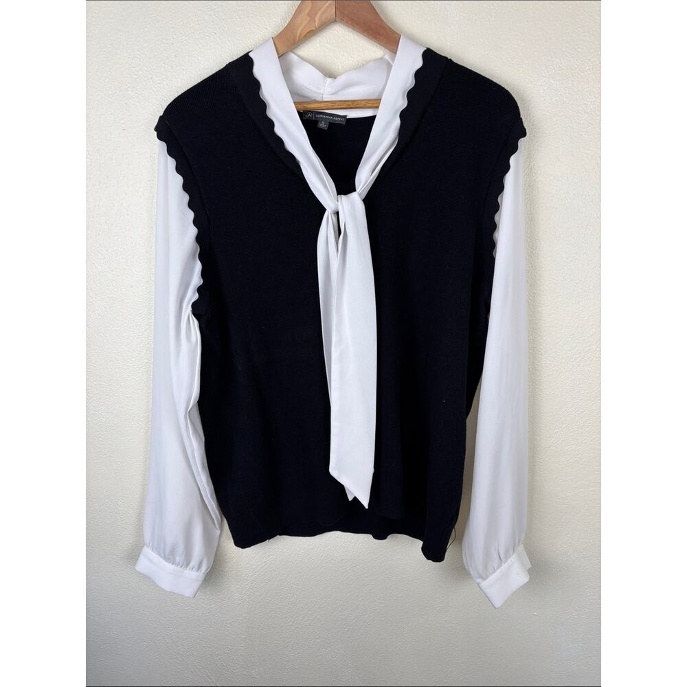 Adrianna Papell Sweater Blouse XL Bow Tie Black White Career Office Minimalist - Picture 2 of 7